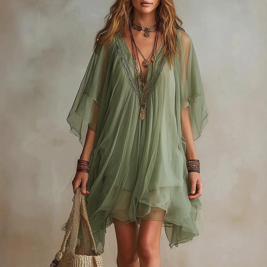 Robe Chiffon Couleur Col en V pour Femme - Vacances à la Plage, Tenue d'Été Décontractée