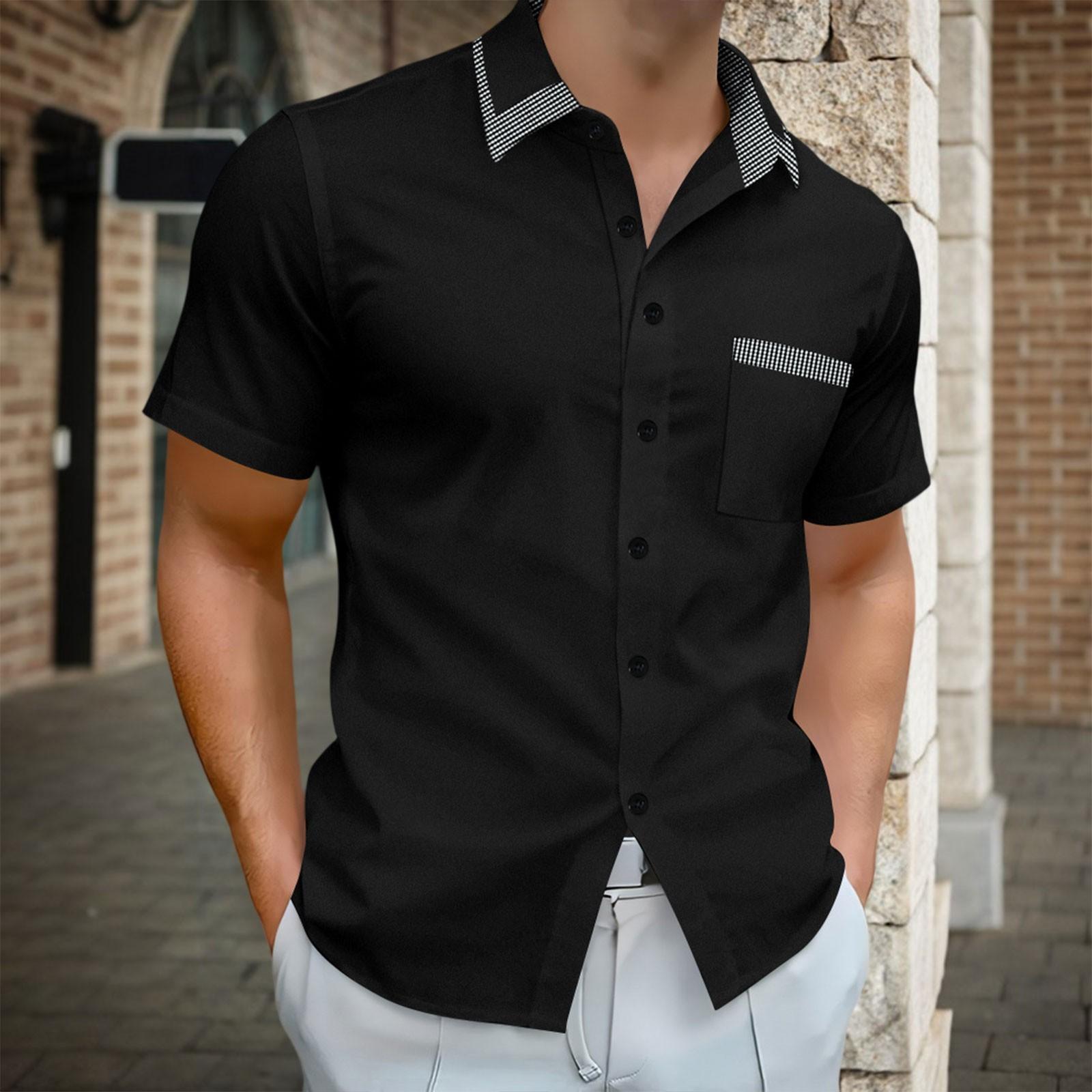 

Чоловічі сорочки з коротким рукавом, повсякденні сорочки на ґудзиках, що не мнуться, смугастий комір, літні топи для відпустки, пляжу S чорний