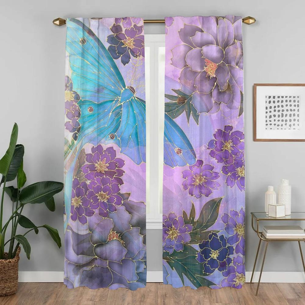 Flowers Home Interior Curtains 2 Pieces Curtains for Living Room Curtain Partition Shades Tulle for Bedroom Halloween Decoration
