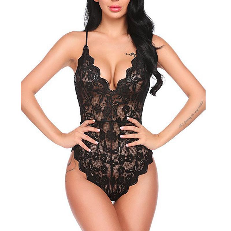 Sexy Women Bodysuits Lace Sling Perspective Lingerie Deep V-Neck Bodysuit