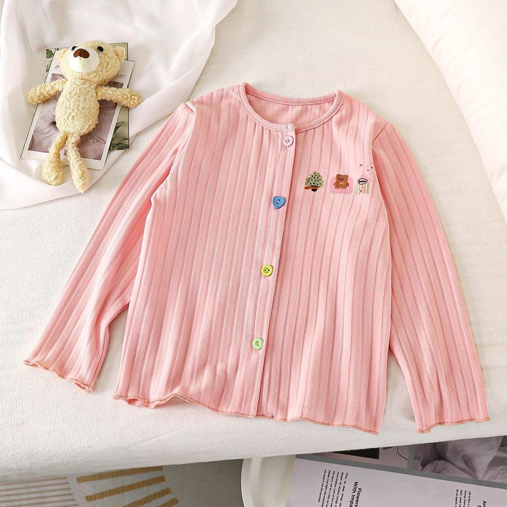 Korean Style Cartoon Cardigan: Colorful Button Long Sleeve Jacket for Baby Girls