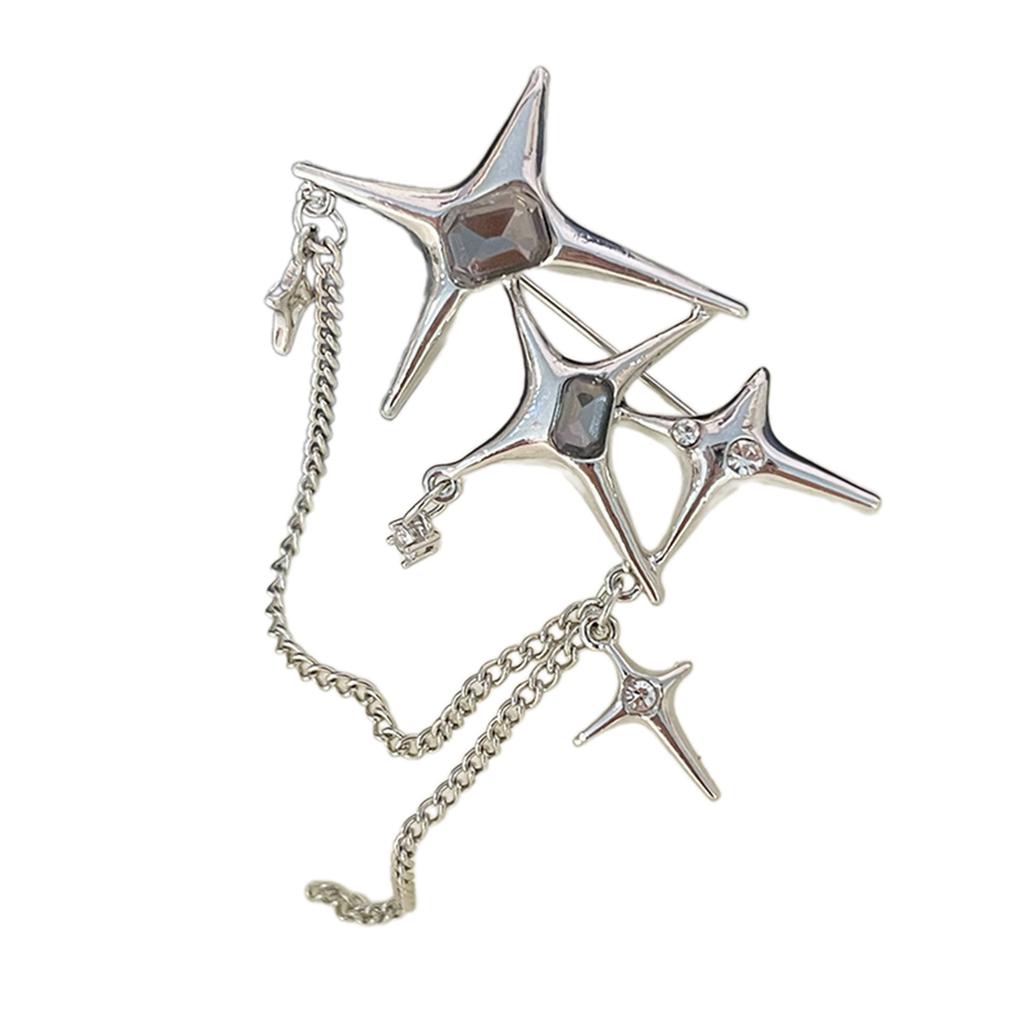 Elegant Four point Star Chain Pin Personality Punk Breastpin Crystal Badge Jewelry Sophisticated Women Suit Dress Brooch