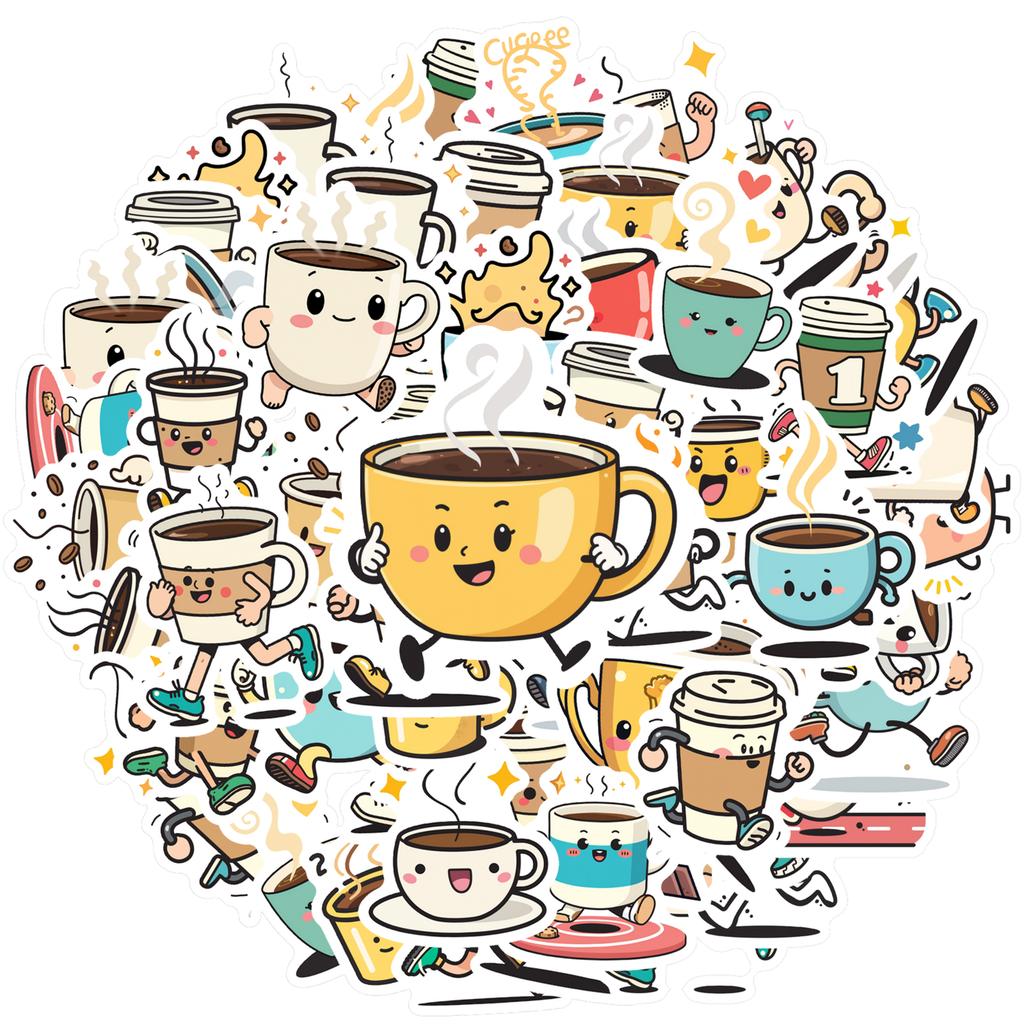 35-100pcs Cartoon Coffee Cup Stickers Waterproof Graffiti Diy For Scrapbook Laptop Water Bottles Coffee Shop Label Stickers