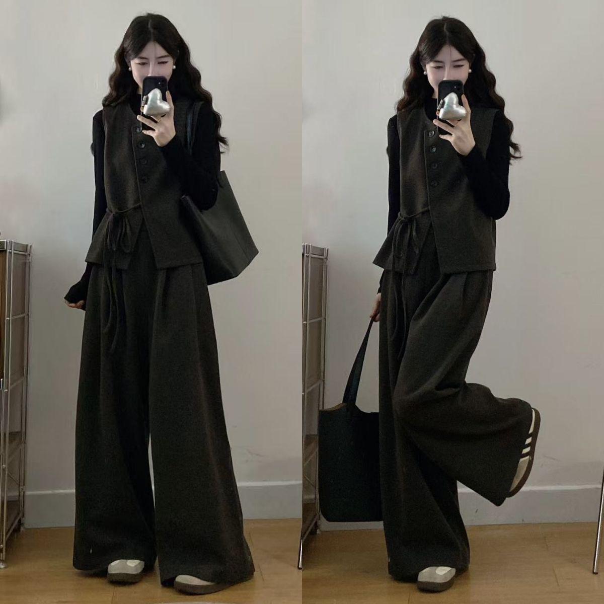 

Chic Autumn Plus Size Three-Piece Set: Base Shirt, Stylish Vest, Slimming Wide-Leg Pants L 100-120