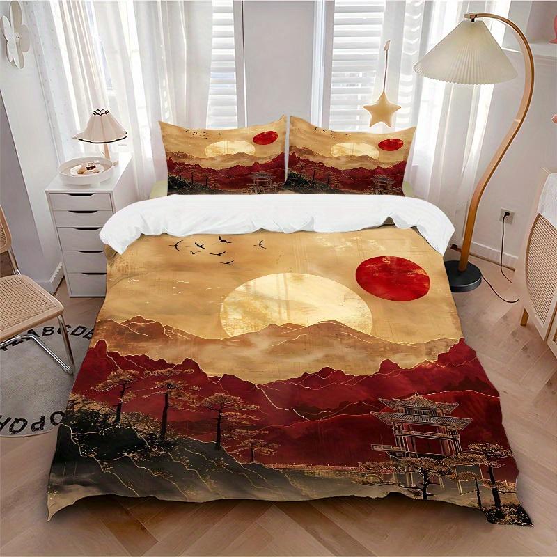 

3pcs Chinese style Landscape 1Cover + 2Pillowcases, PillowInserts NotIncluded, Machine Washable, All - Season Use, Suitable for Bedroom Guest Room46 135x200cm