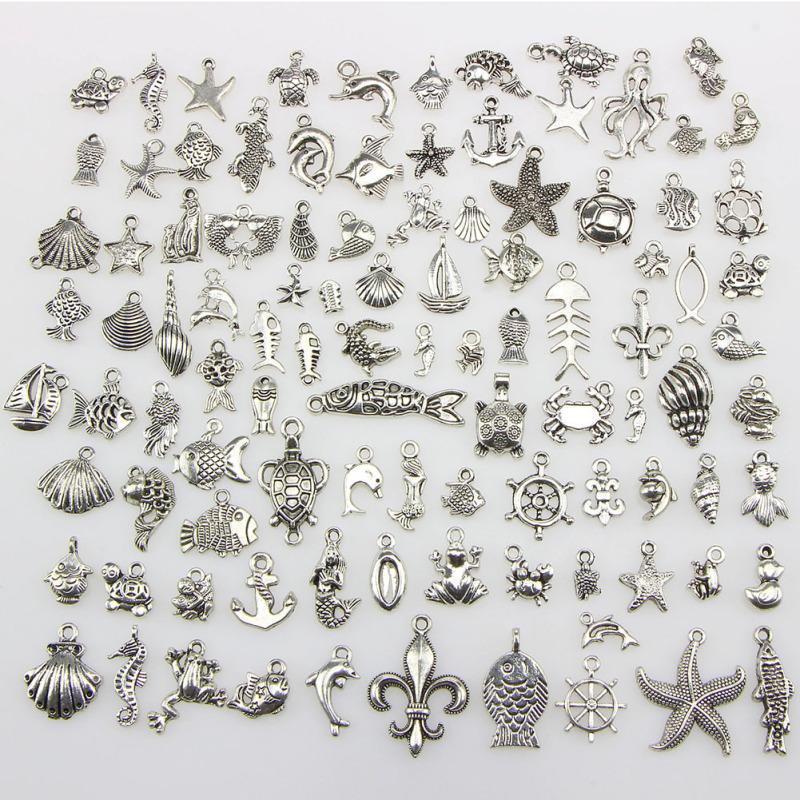 

100Pcs Marine Organism Pendants DIY Alloy Antique Silver Charms Accessories for Crafting Jewelry