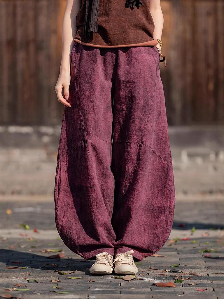 Women's Loose Casual Ramie Lantern Pants - Sand-Washed Distressed Cotton Linen Zen Tai Chi Pants