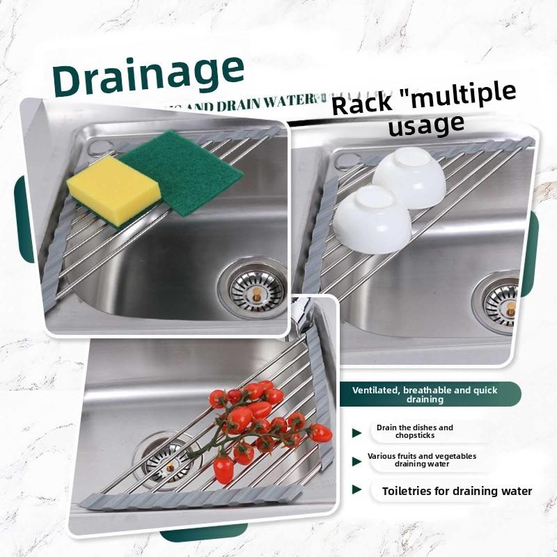 Foldable Triangle Dish Drying Rack Over The Sink Stainless Steel Drainer Space-Saving Corner Organizer for Kitchen Tools