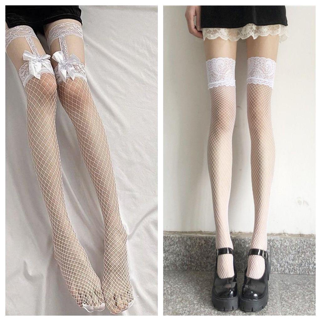 Black Silk Fishnet Over-the-Knee Lace Suspenders with Bow