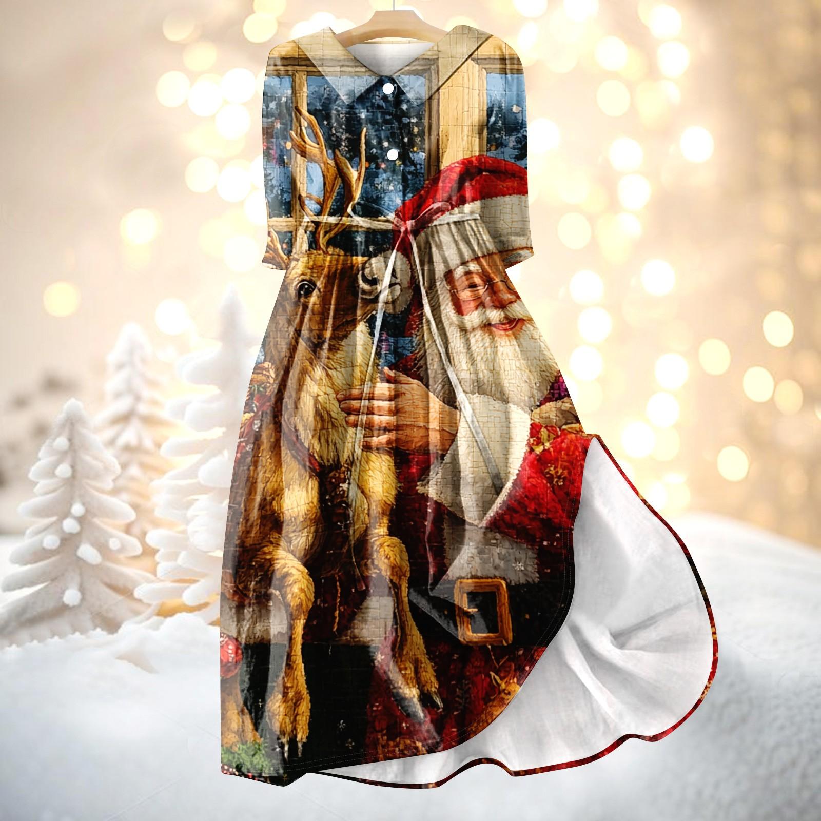 

Женское модное платье с рождественским принтом, застегивающееся на пуговицы, с манжетами длиной семь четвертей и бретельками M жёлтый