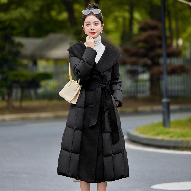 Extra Long Over-the-Knee Down and Wool Coat with Belt and Large Lapel for Autumn & Winter YJ1393