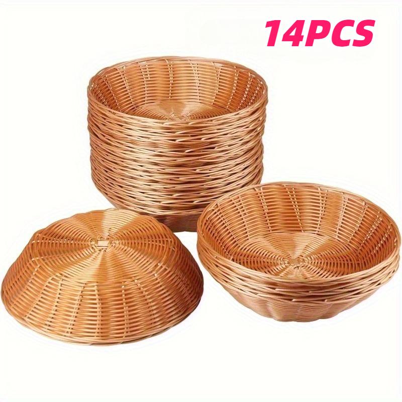 

14pcs Round Poly Wicker Baskets 24.3cm Diameter Brown Plastic Polypropylene Storage Bins for Kitchen Bathroom and Home Organizer