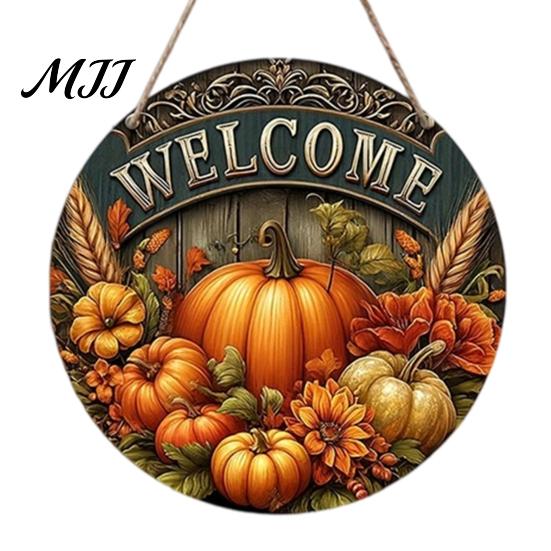 Rustic Wheat Ear Ornament Harvest Festival Welcome Sign for Front Door, Wooden Hanging Fall Porch Decor with Hemp Rope, Autumn Pumpkin Plaque