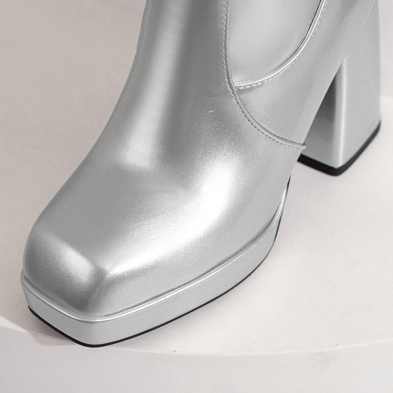 Silver Gold Knee High Boots Women 2024 Four Seasons 10cm Chunky Heels Shoes Square Toes Long Booties Big Size 48 Botas Mujer