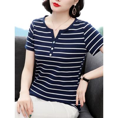 Tricou cu mânecă scurtă Top pentru femei Stil nou de vară pentru mamă de vârstă mijlocie Tricou cu mânecă scurtă de mărime mare pentru vârsta mijlocie și vârstnici cu dungi orizontale