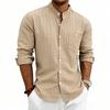 Mens Striped Linen Blend Stand Collar Long Sleeve Casual Shirt With Pockets