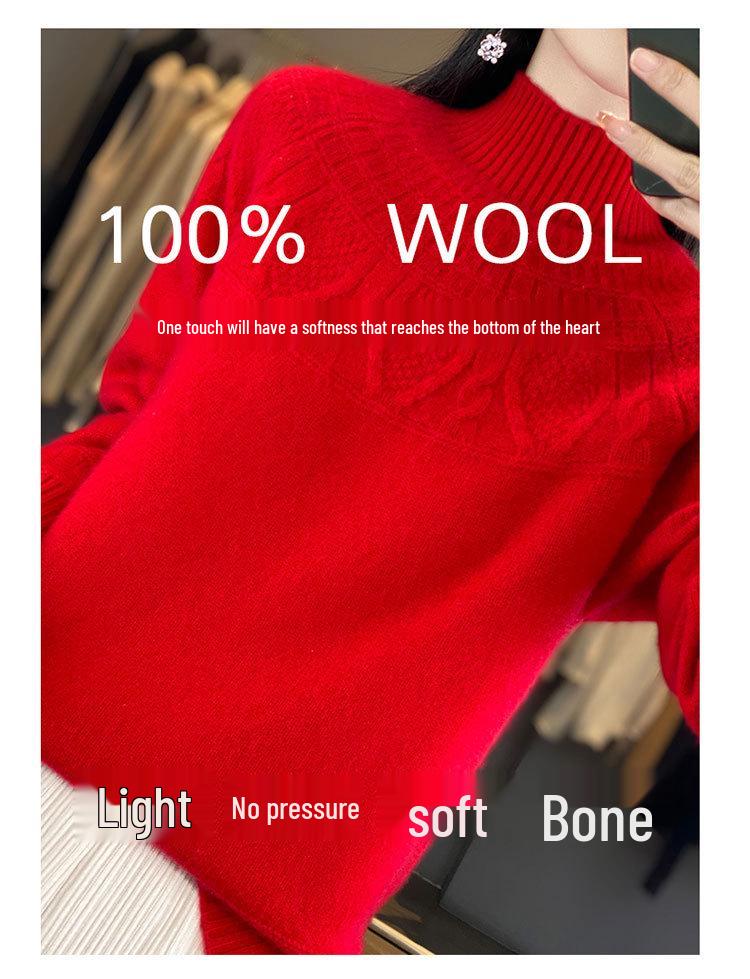 Women's Cashmere Sweater, 100% Wool, Semi-High Neck, Loose Fit, Perfect for Autumn and Winter.