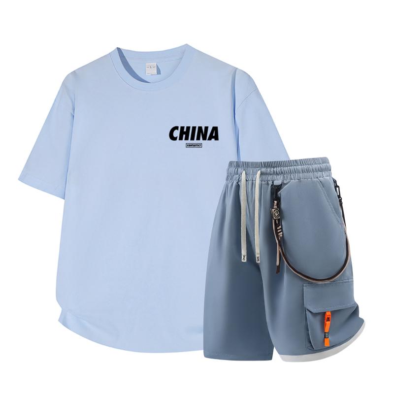 Dmo Men's Short Sleeved Set Summer Short Sleeved Slim Fit Upper Garment Men's Two-piece Set