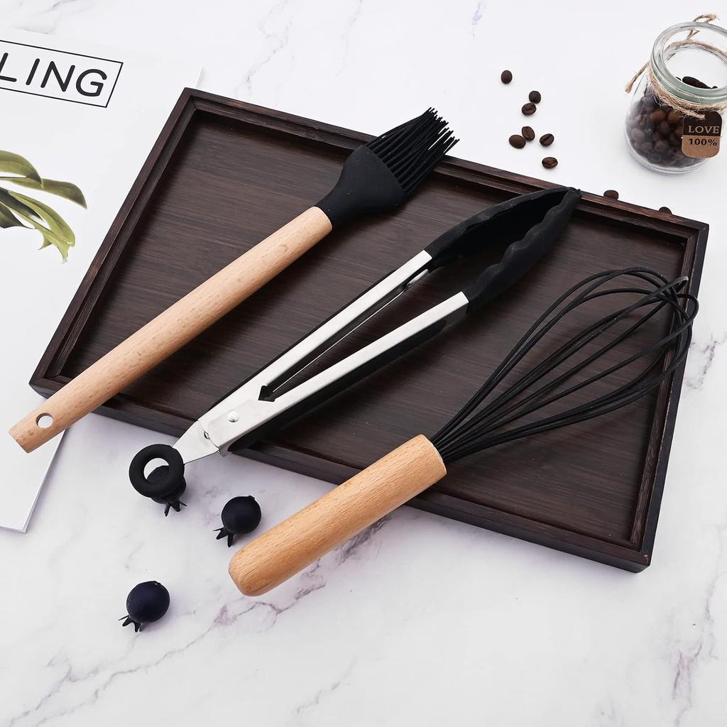 1pcs Black Silicone Balloon Whisk,Heat Resistant Non Scratch Coated Kitchen Whisk with Wooden Handle for Blending Whisking Beating Stirring Cooking