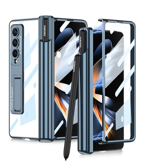 Magnetic Hinge Pen Holder Case For Samsung Galaxy Z Fold 4 5g Fold 4 Transparent Case Shockproof Cover With Tempered Glass Film