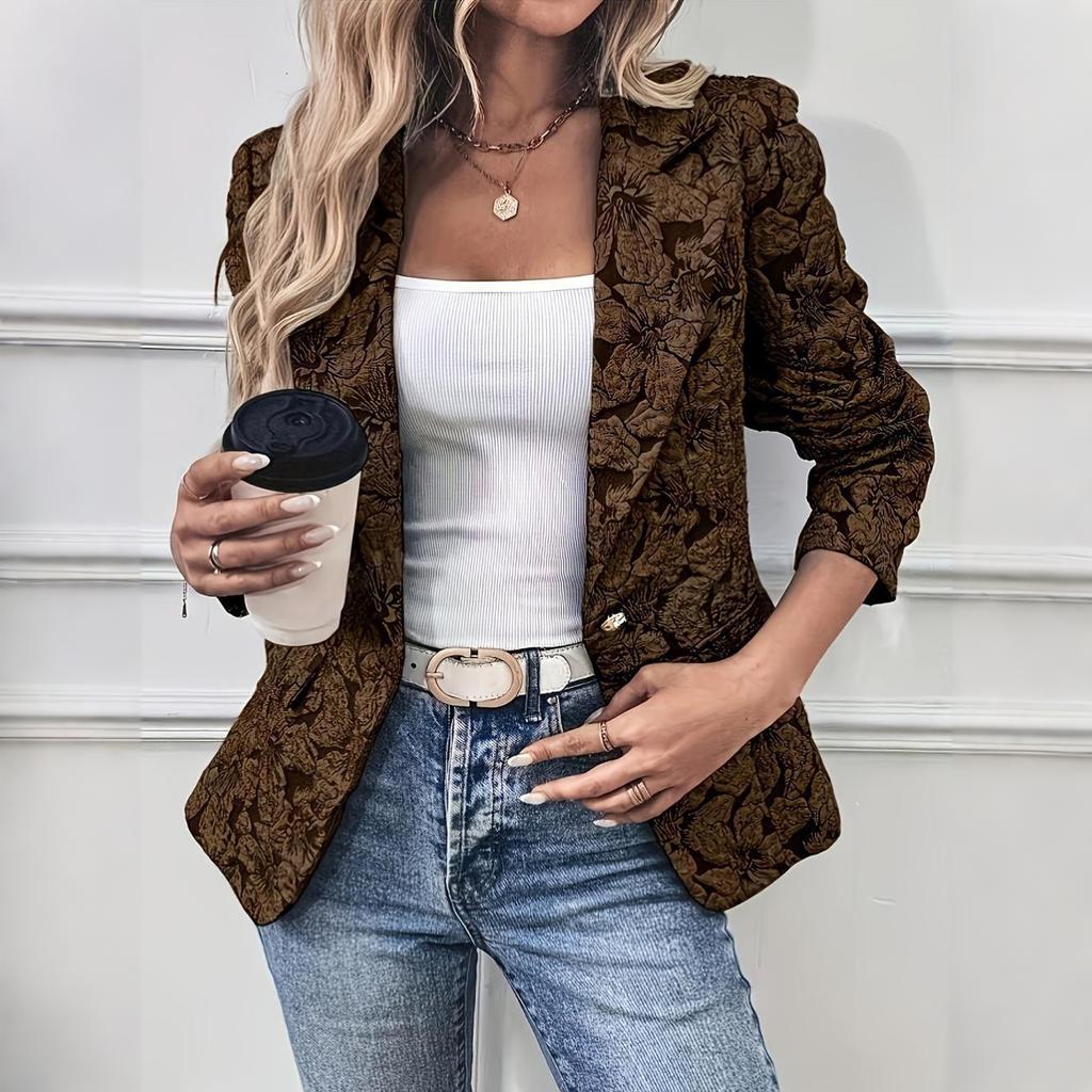 Women's Fashion Lapel Button Long Sleeve Casual Vintage Jacquard Slim Fit Blazer Jacket for Office Work Daily Wear