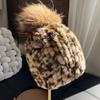 Retro Leopard Print Real Rabbit Hair Hat Women's Autumn and Winter Korean Version Warm Windproof Ear Protection Hat Hairball Knitted Hat Headgear