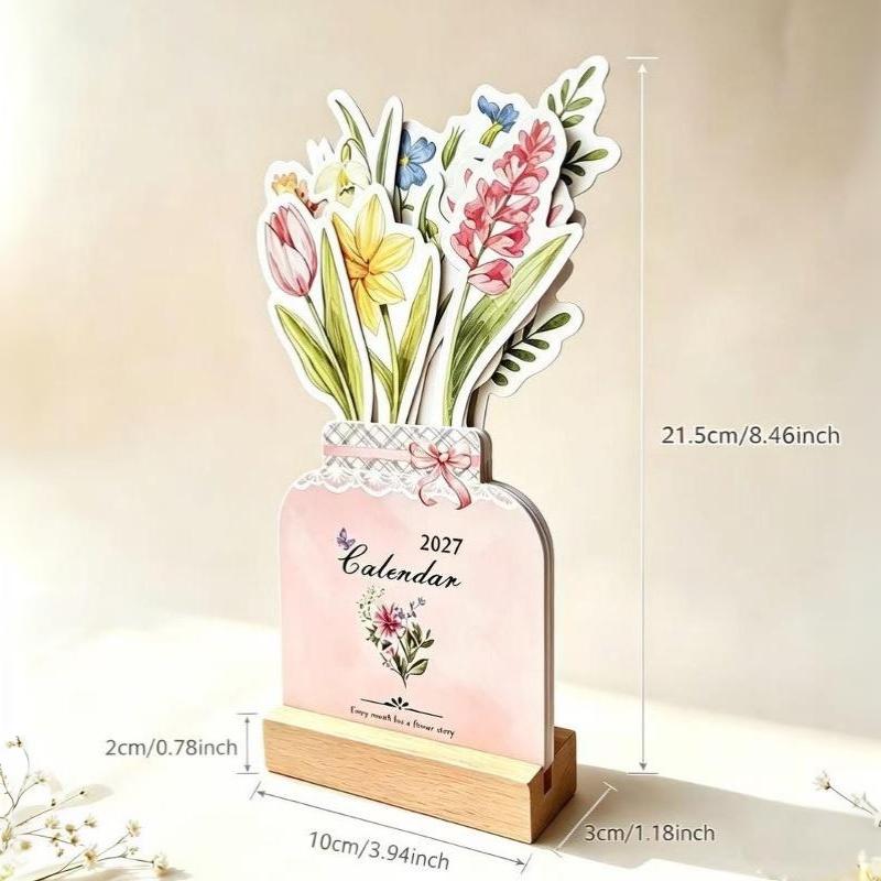 2027 Süße Katze Blühende Blumen Schreibtisch Schreibtischkalender Holzsockel 12 Malerei Kunstkarten Monatsplaner Home Office Schuldekor