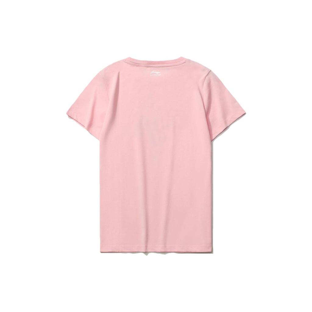 Li Ning X Disney Mickey Cartoon Print Round Neck Pullover Short Sleeve T-Shirt Women Tops Pink AHSR648-3