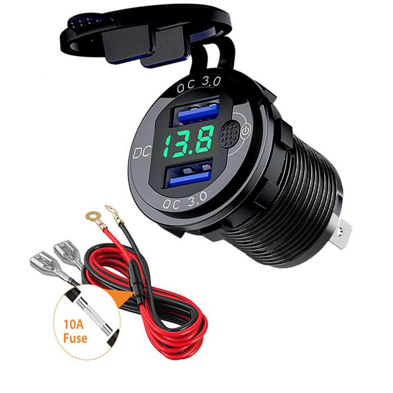 

Алюминиевая быстрая зарядка, двойная USB-разъем для автомобильного зарядного устройства QC3.0 с цифровым вольтметром и кнопкой переключения для морского мотоцикла, грузовика зелёный