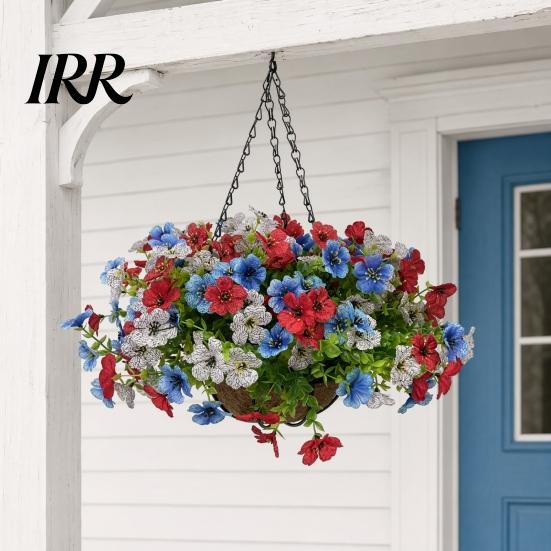 Decorative Flower Basket Artificial Hanging with for Outdoors, 4th of July Patriotic Faux Violet Flowers Flowers, UV Resistant Fake Plants