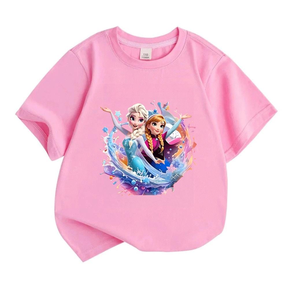 Kids Boys Girls Crew Neck Short Sleeve 100% Cotton T-Shirt, Cute Ice Princess Sisters Printed Casual Summer Soft Breathable Tee Tops for Children Dail