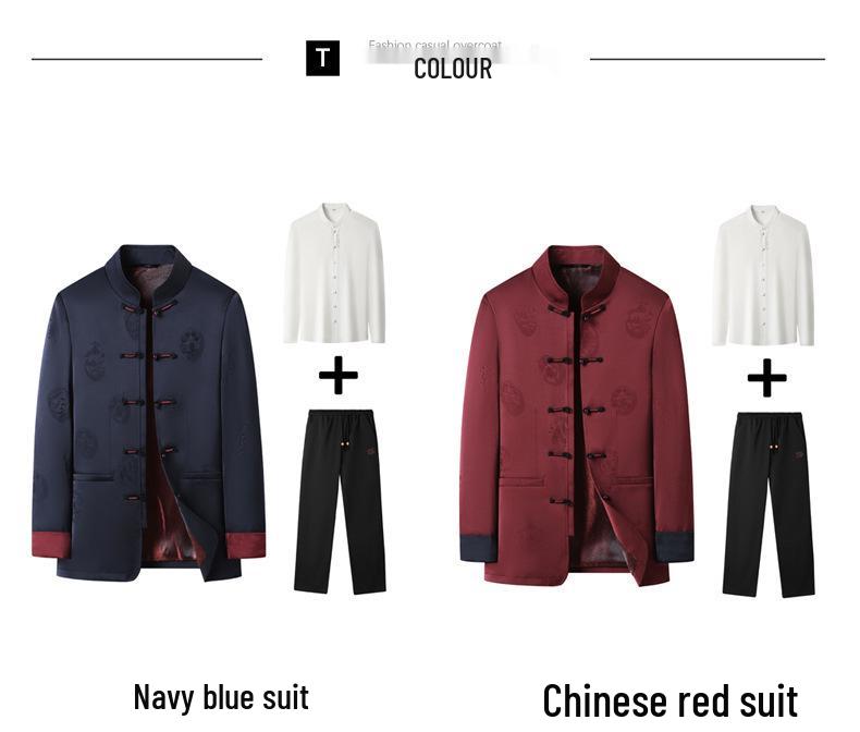 Men's 2025 Autumn/Winter Chinese Style Two-Piece Set: Middle-Aged Stand-Up Collar Tang Suit Jacket & Casual Zhongshan Suit