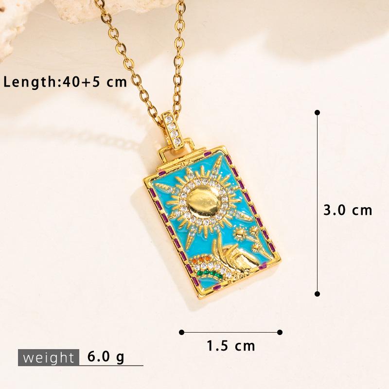 Retro Boyfriend Style Square Tarot Card Pendant Necklace with Zircon Clavicle Chain 