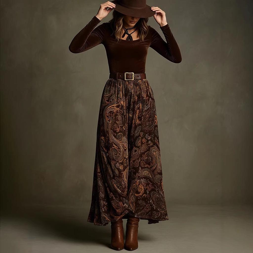 European and American spring and autumn new slim-fit top temperament big pendulum retro printed dress set with belt