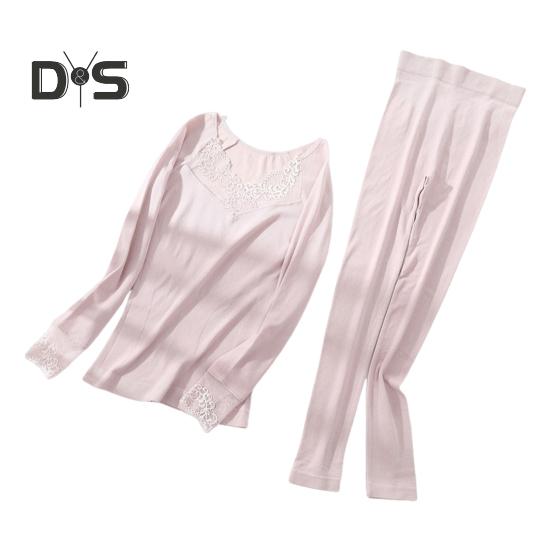 

1 комплект жіночої термобілизни Костюм осінь-зима Мереживний V-подібний виріз Сорочка з довгими рукавами Нижня частина Довгі штани Холодна погода Тепла основа Верхні легінси сірий