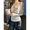 2026 Spring Korean Color Block V-Neck Long Sleeve Women's T-Shirt with Versatile Striped Embroidery Design