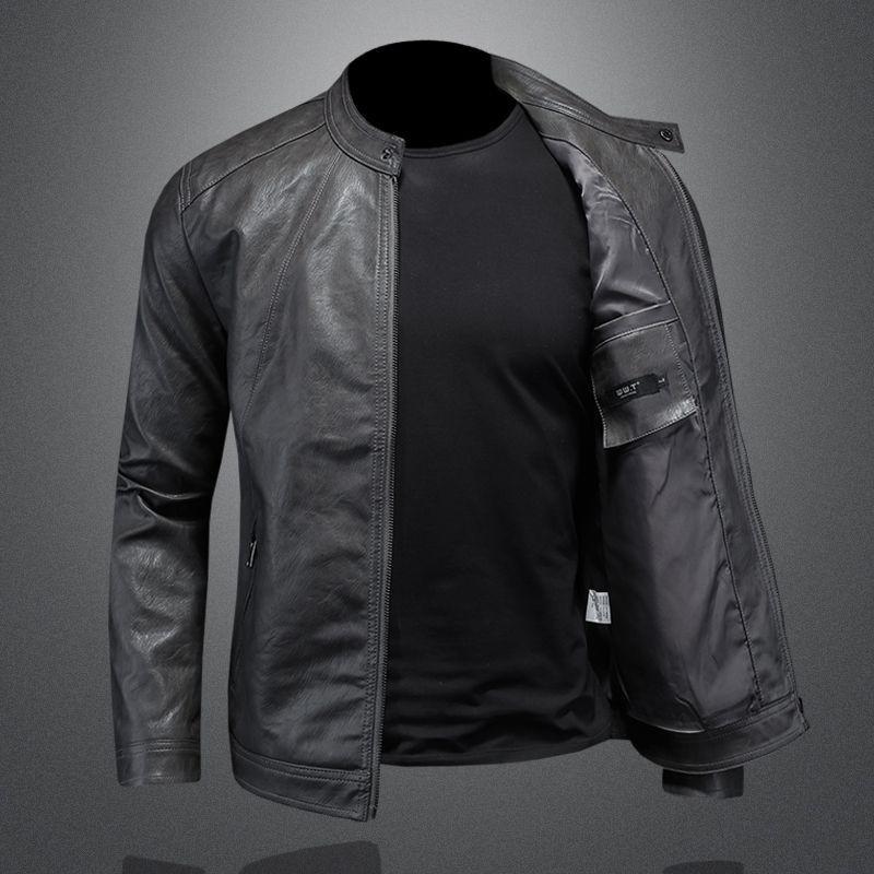 2025 Men's Trendy Slim Stand-up Collar Leather Motorcycle Jacket