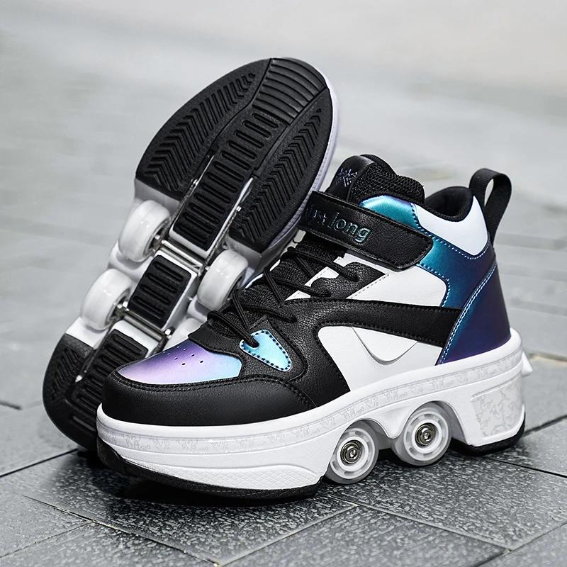 Women's High Top 4 Wheel Speed Roller Shoes Unisex Automatic Pop-up Sneakers With Wheels Dual-purpose Skating Casual Shoes