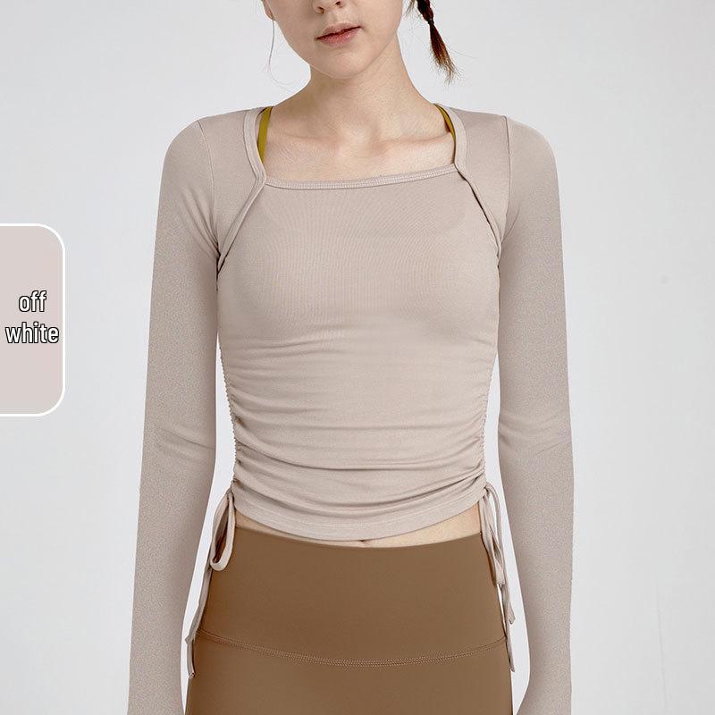 

Женский топ с длинным рукавом для йоги и танцев, с боковой кулиской, квадратным вырезом и отверстиями для больших пальцев Size 6 грязно-белый