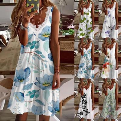 Women's Fashion V Neck Sleeveless Printing Dress Casual Dress Summer Dress