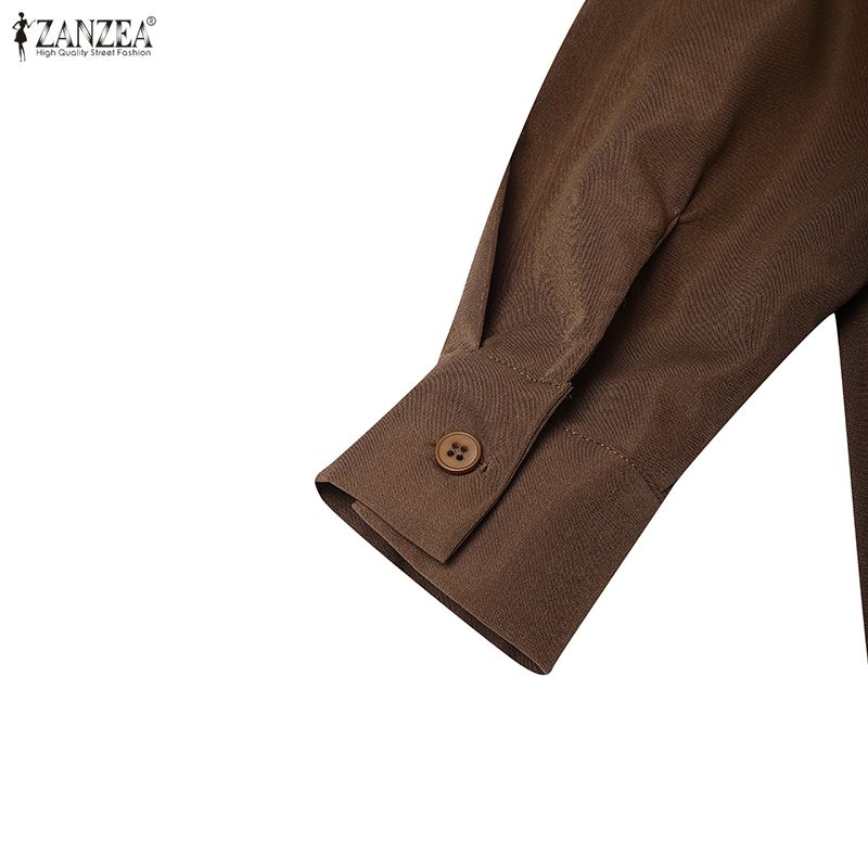 ZANZEA Damen Umlegekragen Langarm Casual Long Shirt Kleid