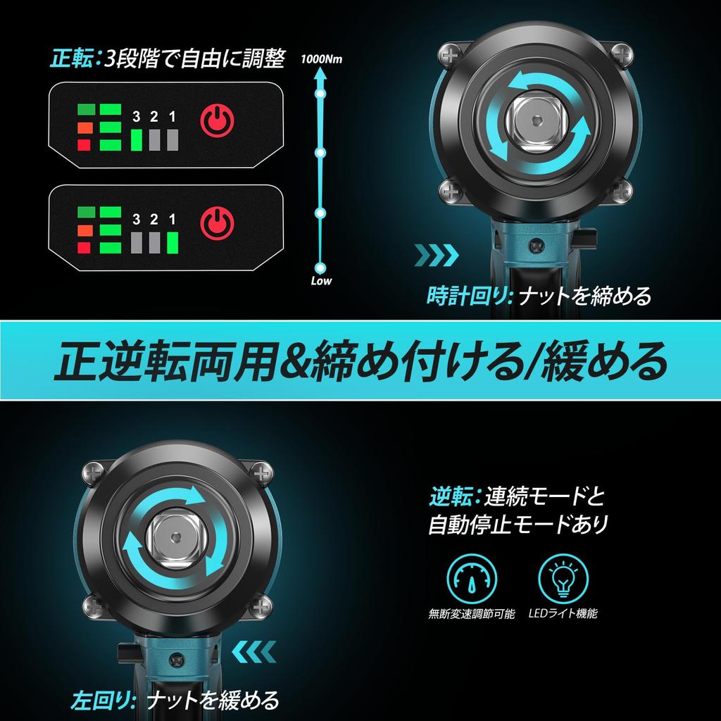 Enhanced Uaoaii Electric Impact Powerful Brushless Torque Rechargeable Cordless Electric 6 Infinitely Variable LED Tire Car Nut Bolt Tire with a