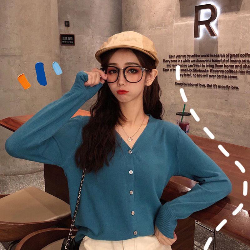 

Весенне-осенний тонкий женский трикотаж, короткий кардиган в западном стиле, универсальный топ с длинными рукавами и v-образным вырезом S синий