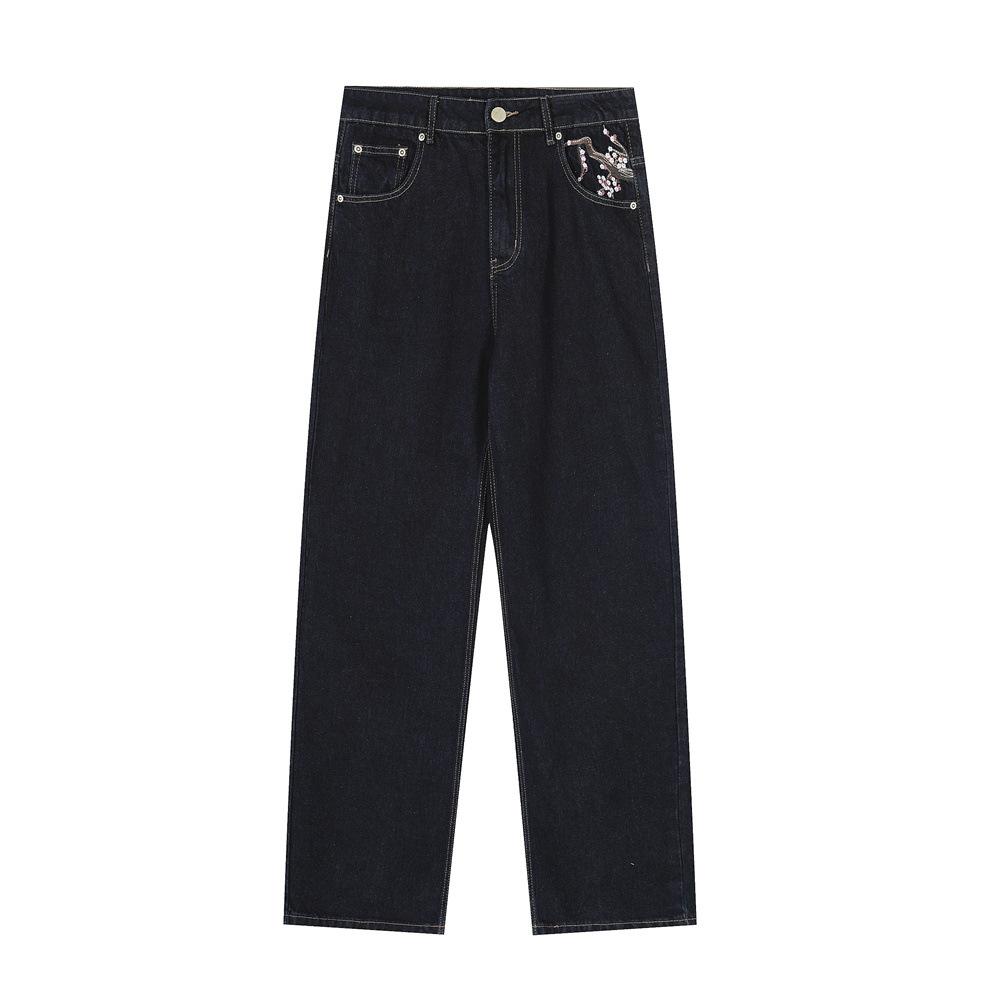 Jeans Sakura Embroidery Loose Straight Fit Casual Tide