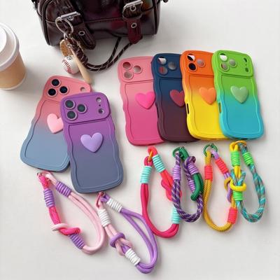 Gradient Color Wave Wrist Strap Case for IPhone 17 Pro Max Air 16 14 15 Plus 12 13 11 X XR XS Lanyard Love Heart Soft TPU Cover