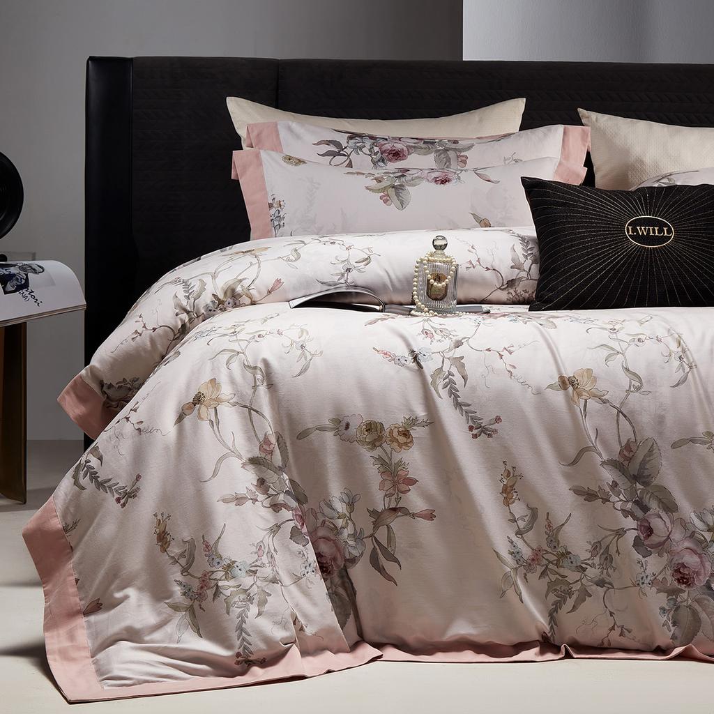 High-end High-Count Satin Cotton Double-Sided Thickened Warm Brushed Four-Piece Set - Ink Rhyme Flower Dyeing