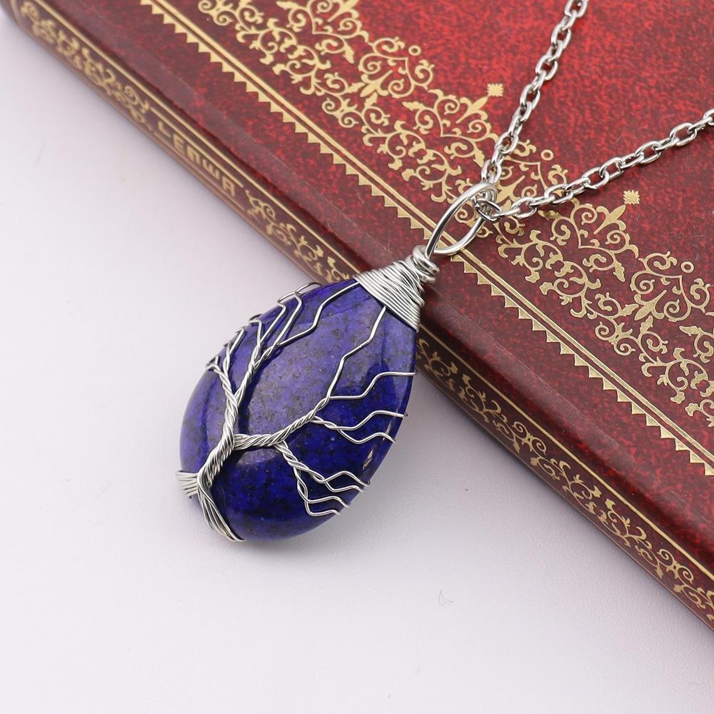 Natural Stone Crystal Agate Water Drop Winding Silk Tree Of Life Pendant Necklace Sweater Chain Water Drop Rough Stone N779