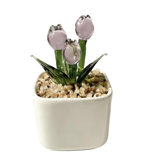 Faux Crystal Flower Figurine Mini Hand Blown Glass Potted Flower Ornament for Home Office Table Decor Gifts for Wedding Birthday Mother's