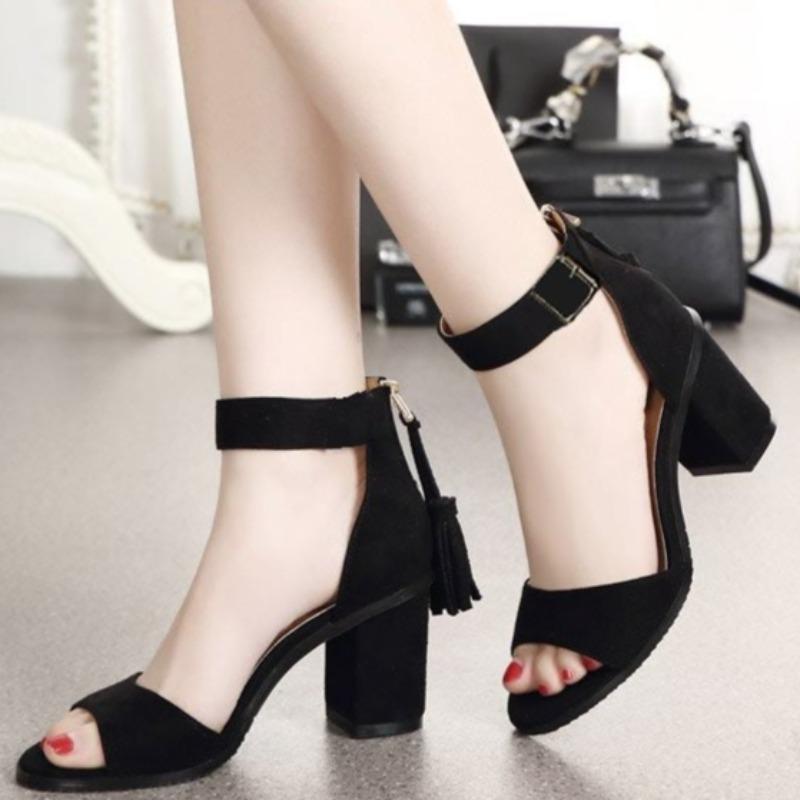 Sandals Kitten Heel Block Heel 2026 Summer New Korean Edition Tassel One Strap High Heels Fashion Black Women's Shoes