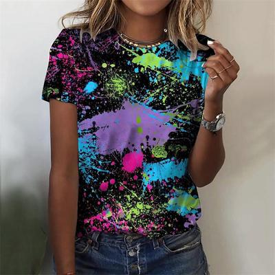 Camiseta colorida com estampa 3D para mulheres, verão, pigmentos gráficos, gola redonda, camiseta casual de rua, manga curta, harajuku, tops, camisetas